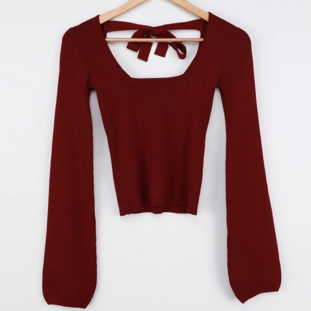 Keep 'Em Guessing Burgundy Ribbed Balloon Sleeve Sweater Top - M